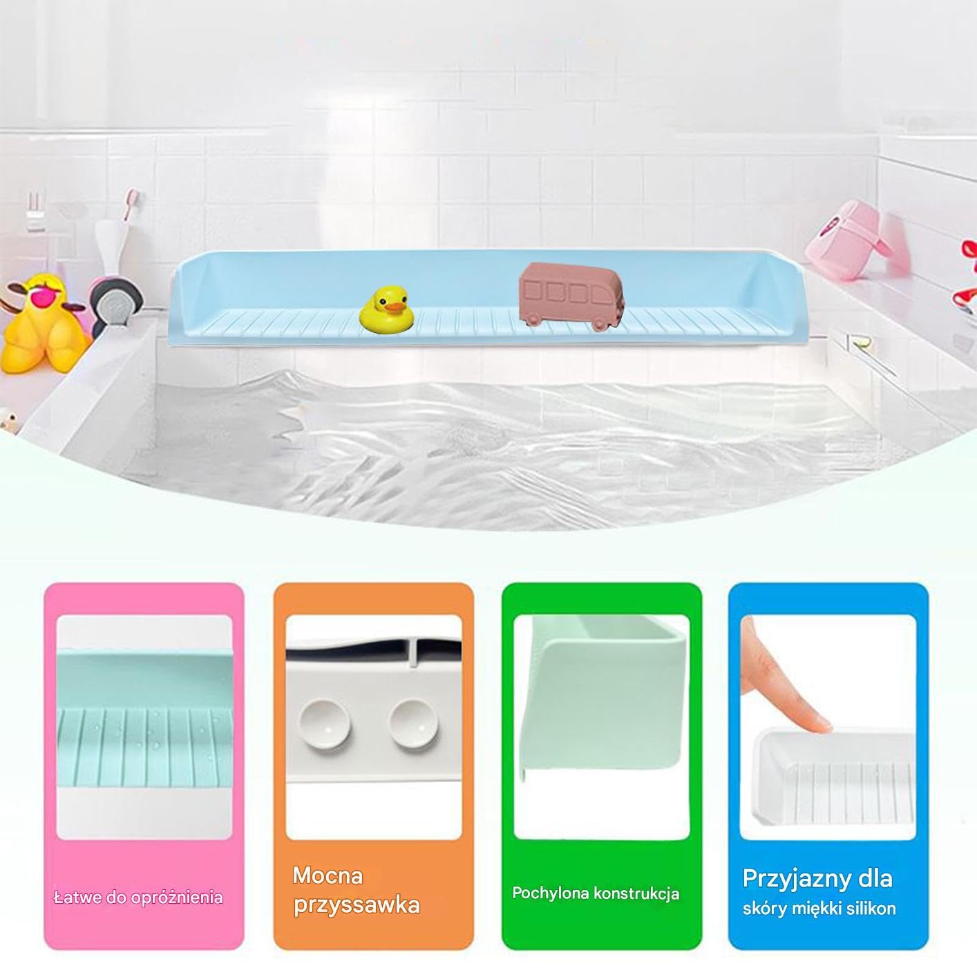 Bathtub Splash Guard, Silicone Toy Tray, Suction Cup Base Design, Water Splash Prevention, for Sink Vanity Bathroom Use,80x11.5x7.9cm/31.5x4.53x3.11 Inches, Gray, 1 Piece