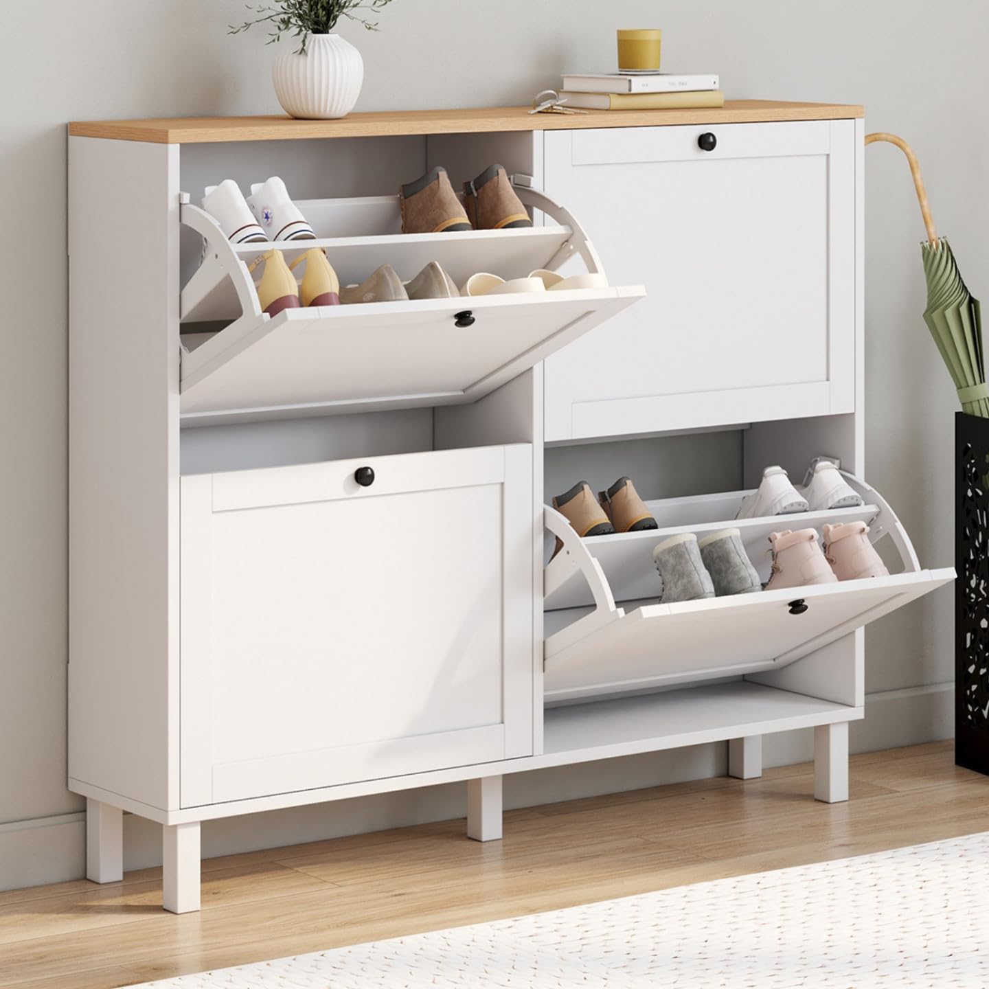 IDMarket - Zapatero Achille para 20 pares con 4 puertas, color blanco y bandeja de madera