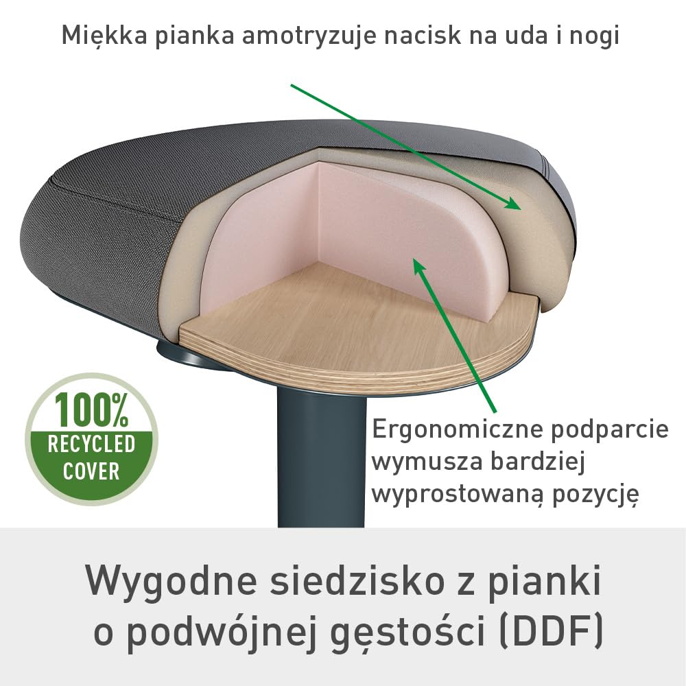 Stołek Leitz Ergo Active z Unikalną Komfortową Poduszką z Pianki o Podwójnej Gęstości, Regulowana Wysokość od 57 do 82cm, Siedzisko w 100% z Recyklingu, Udźwig 110kg, Seria Ergo, Ciemnoszary, 65450089