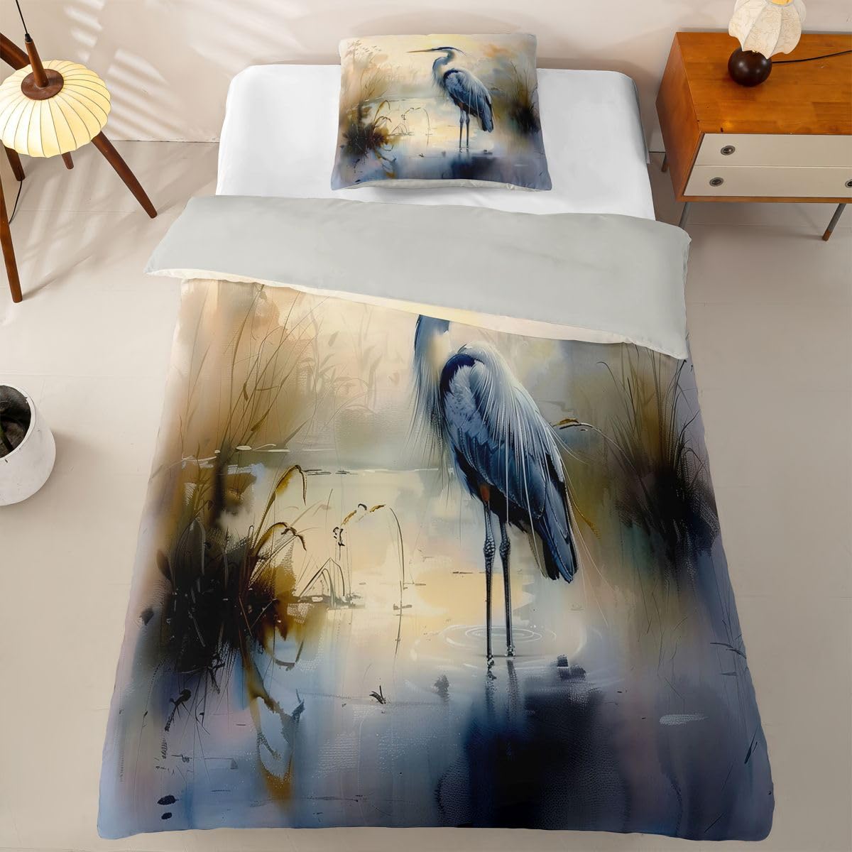 Homewish Aquarell Reiher Microfaser Bettwäsche 135x200 4teilig