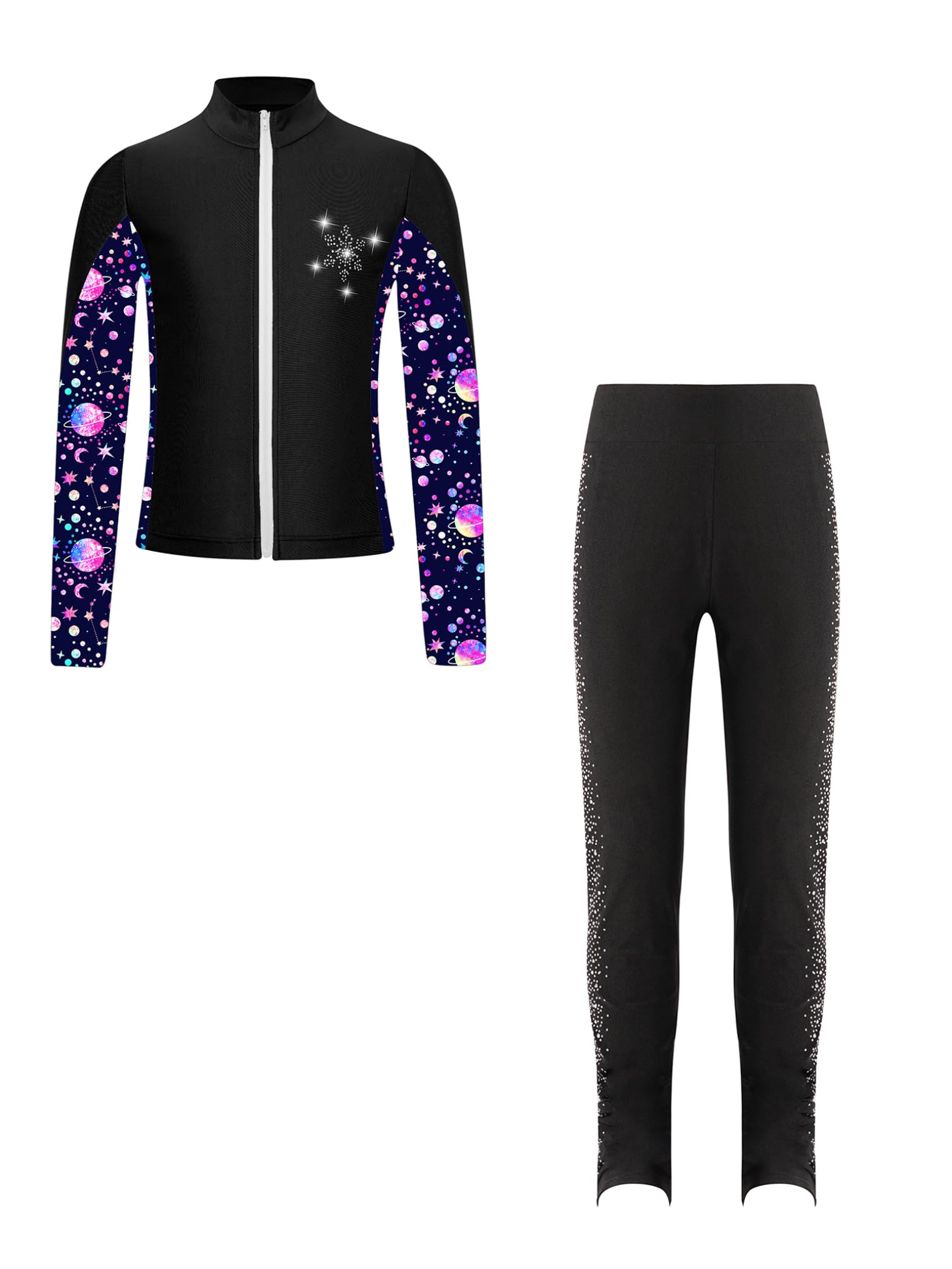 Freebily Kinder Eiskunstlauf Anzug Mädchen Bedruckte Jacke Glitzer Strass Eiskunstlauf Hose Set Wettkampf Workout Sport Outfit Skating Suit