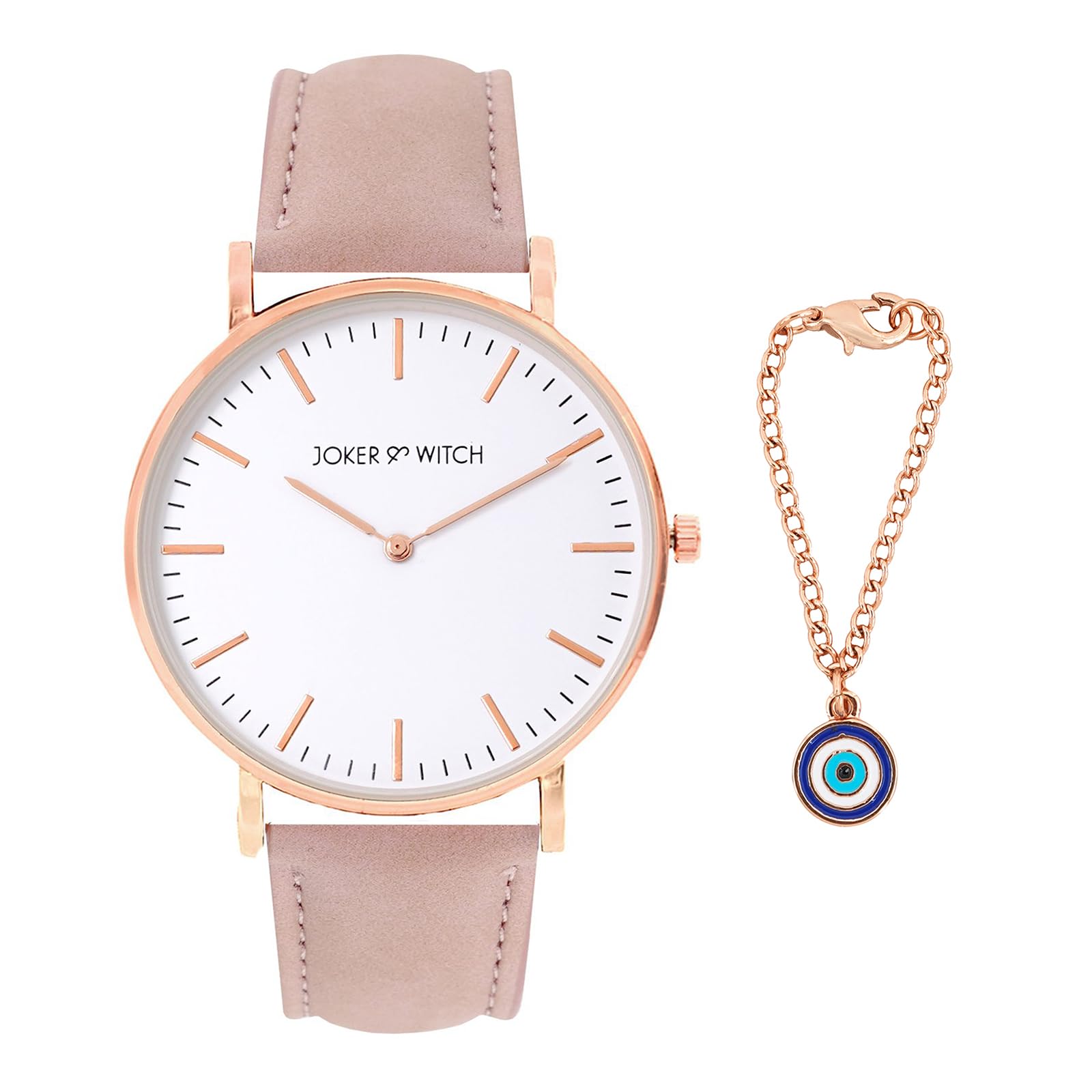 Joker & Witch Leather Women Evan Blue Evil Eye Analog Watch & Charm Set, White Dial, Pink Band (B0C9PZCZY1) Amazon Price History, Amazon Price Tracker