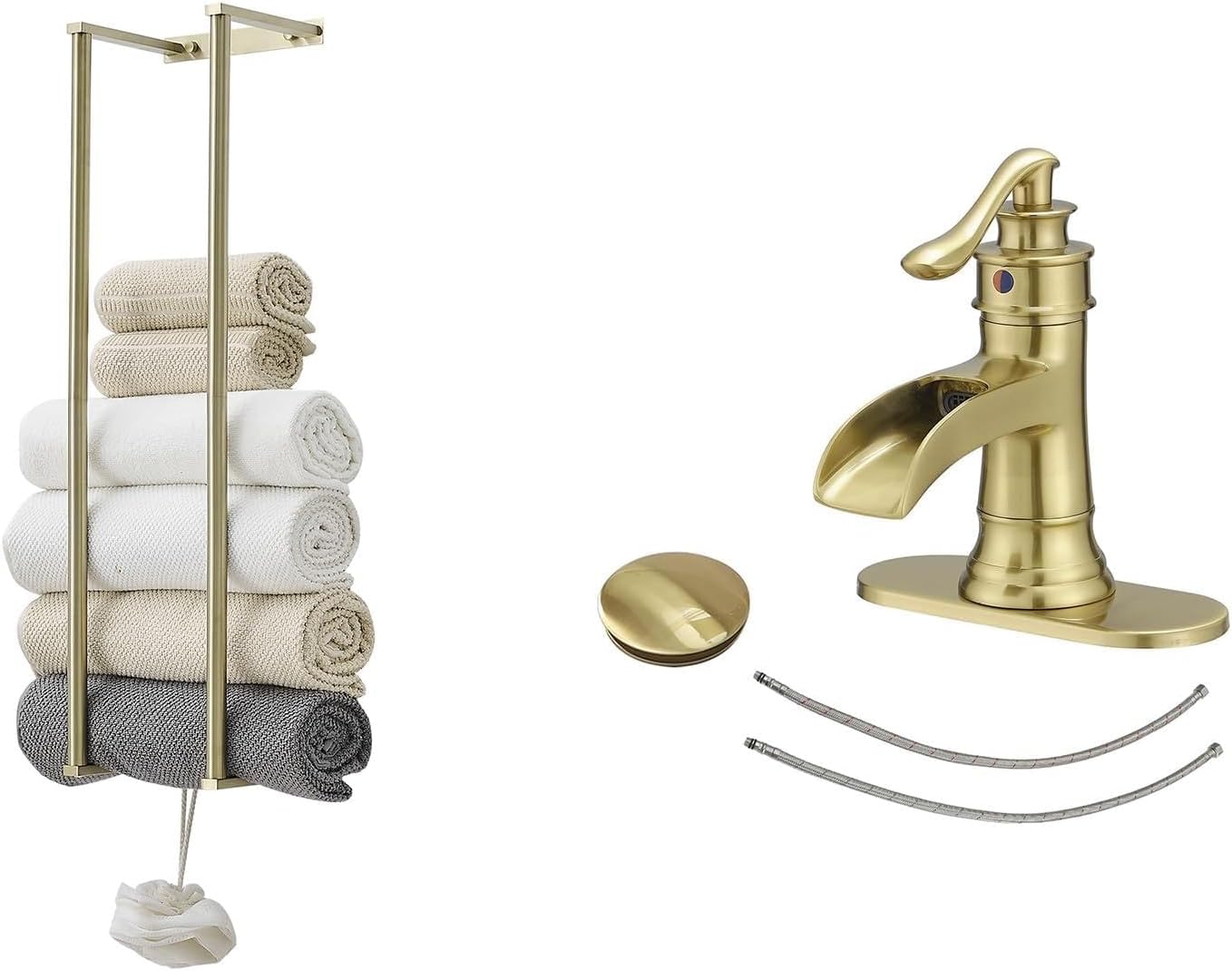 BWE Waterfall Bathroom Faucet Brushed Gold Bathroom Sink Faucet Bundle with Tower Racks for Bathroom,Wall Mounted Bathroom Towel Storage