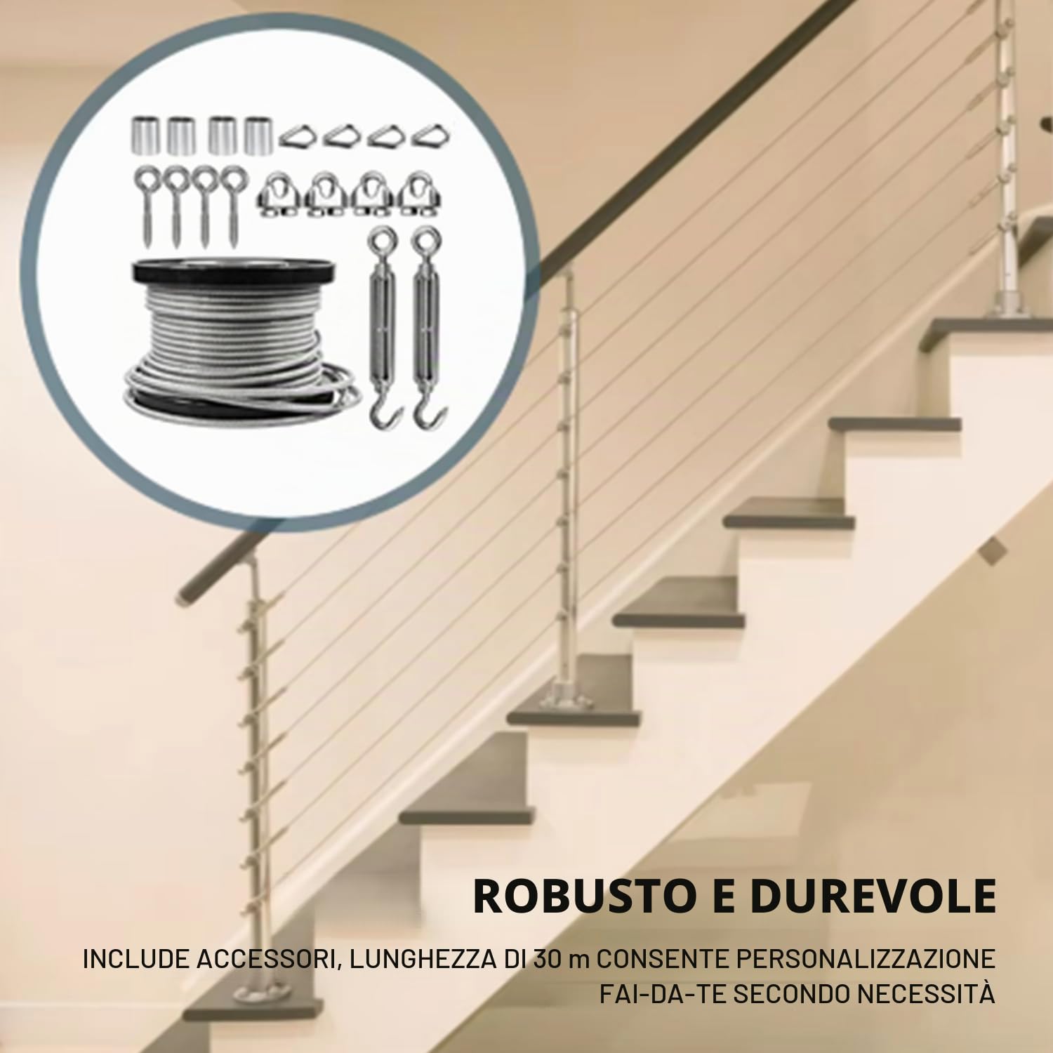 Kit Di Fune Metalliche In Acciaio Inox Da 5 mm,Cavo Acciaio 5mm,Corda In Acciaio Zincato Con Guaina In Pvc Da 30m Fune In Acciaio,Per Sollevamento, Filo Stendibiancheria, Tende Da Esterno