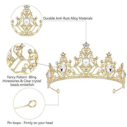 Miniatura 4 de AHONEY Tiara dorada y corona para mujer, corona de reina real de cristal, diadema de novia con diamantes de imitación, tiaras de princesa para