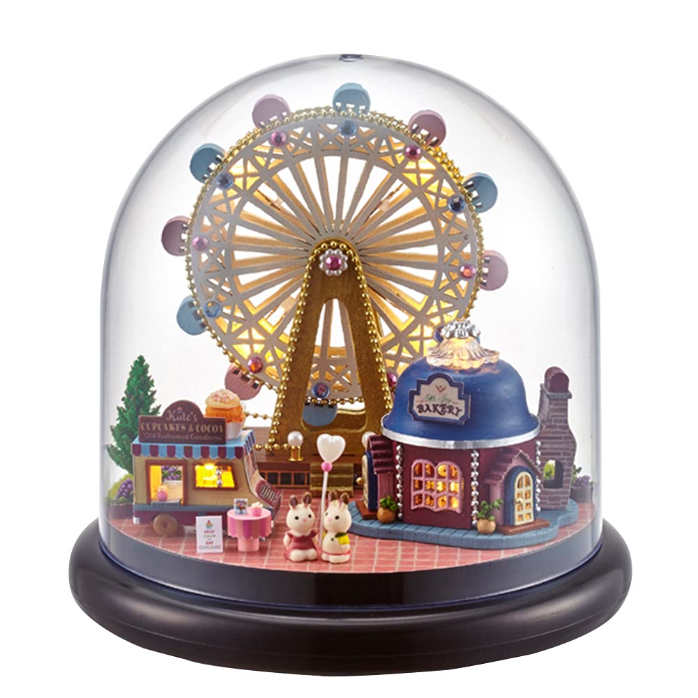 DIY DollHouse With Dust Cover Wooden Doll Houses Miniature Dollhouse Furniture Kit New Year (Happiness Ferris Wheel)