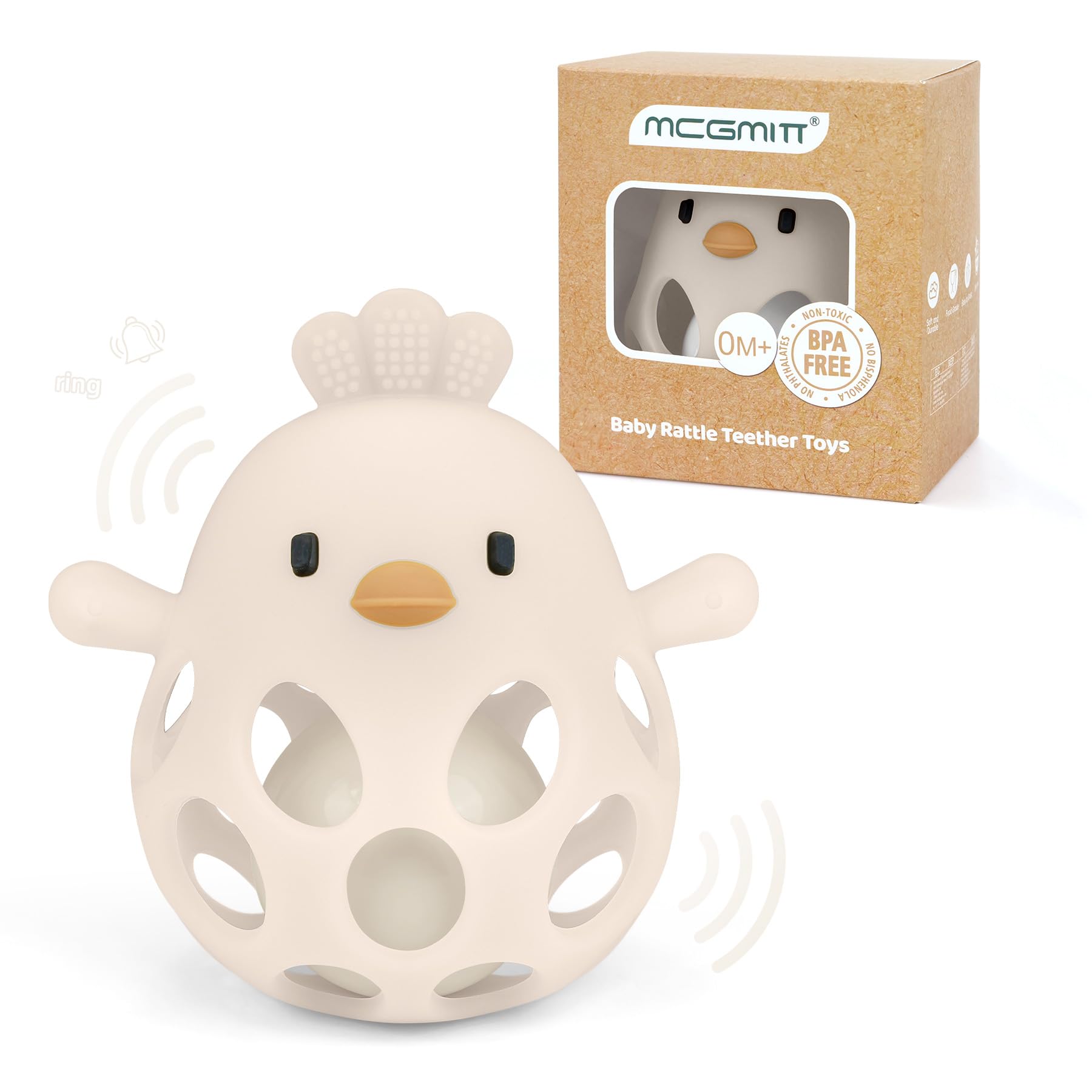 MCGMITT Giochi Neonato 0-3 mesi - Sonaglio a Forma di Pulcino in Silicone Giocattoli Montessori Sensoriali per Bambini, Mordicchiare Senza BPA, Palla Facile da Afferrare 6-9-12-18 Mesi, Beige