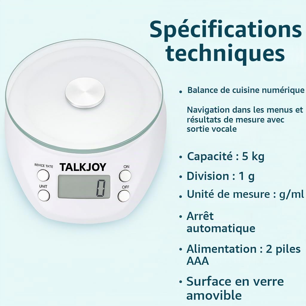 Balance de cuisine parlante numérique pour aveugles, malvoyants et personnes âgées, annonce de poids en g/ml, avec fonction tare jusqu'à 5 kg, couleur blanche