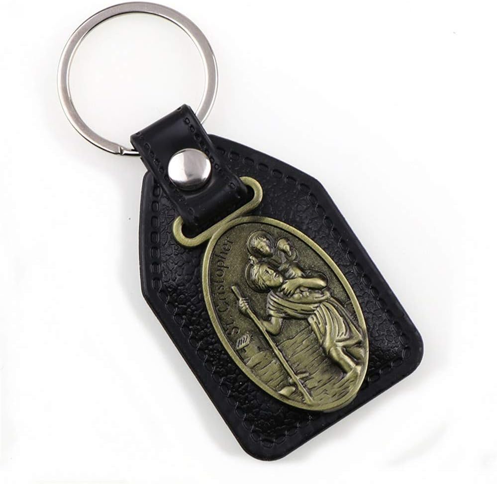 St Christopher Medal for Car, Artificial Leather Keychain, Drive Safe Keychain Jewelry, Alloy Car Key Chain for Men Women, Gifts for Men Women
