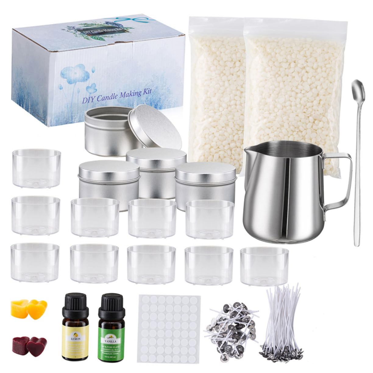 Tofficu Kit para Hacer Velas DIY Taza de Acero Inoxidable para Derretir Cera de Soja, Mango Antiquemaduras y Materiales Seguros para Manualidades en Casa
