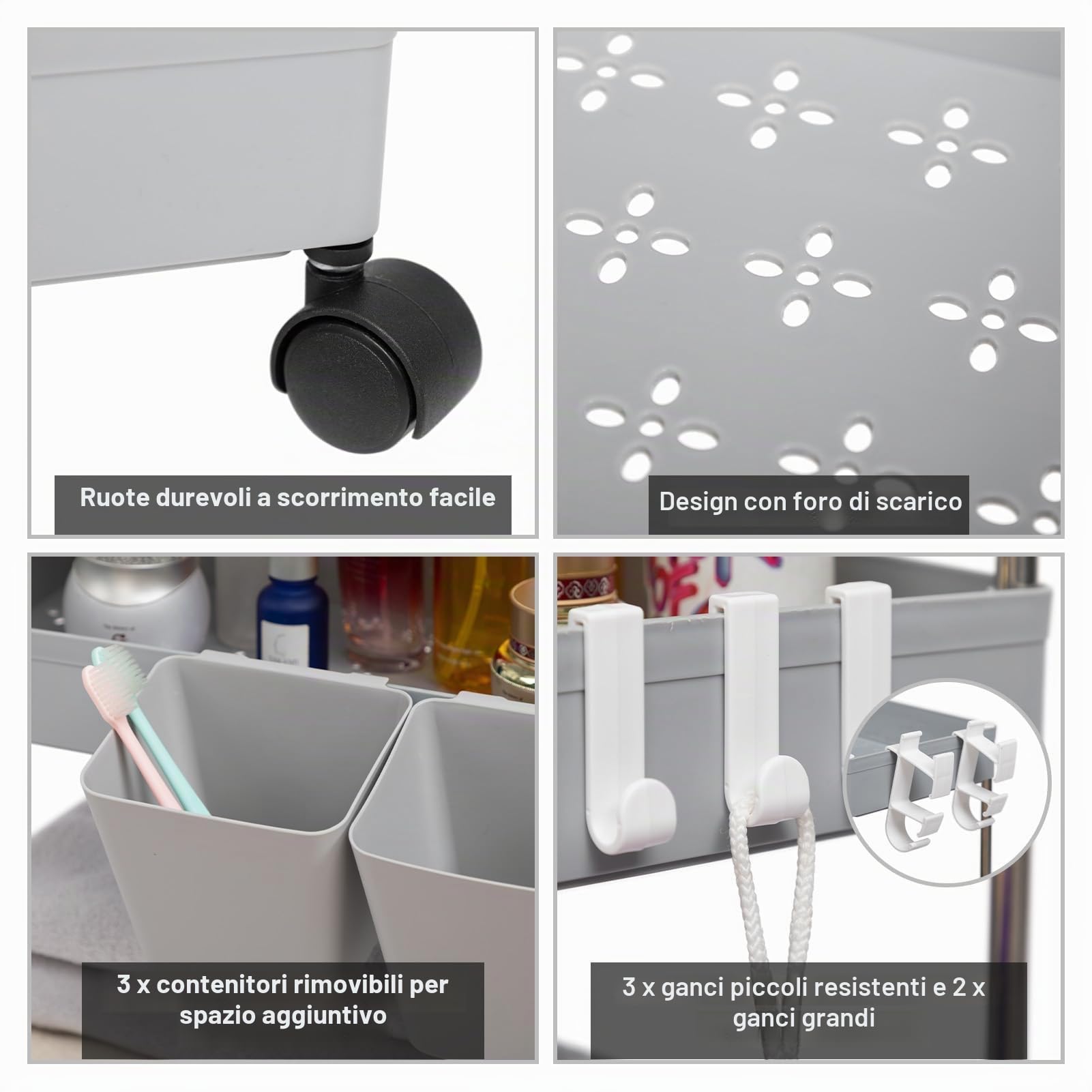 DOEWORKS Carrelli Portaoggetti con Tazze Appese Carrello Cucina a 4 Ripiani, Organizer Carrello Scaffale con Ruote per Cucina Bagno Ufficio, Grigio