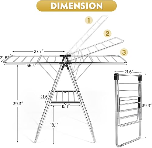 Miniatura 2 de APEXCHASER Perchero de Ropa, Perchero de Secado de Ropa con Altura Ajustable, Plegable con Alas de Gaviota para Lavandería, Uso en Interior y