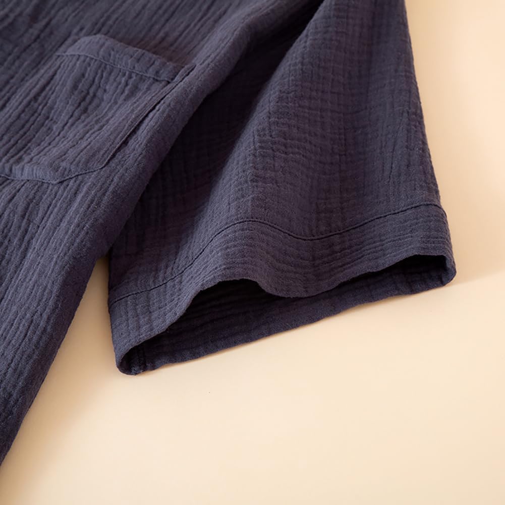 Ensemble Pyjama pour Hommes – Pyjama à Manches Courtes à 3 Boutons et Short de détente, vêtements de Nuit 2 pièces en crêpe et Gaze de Coton