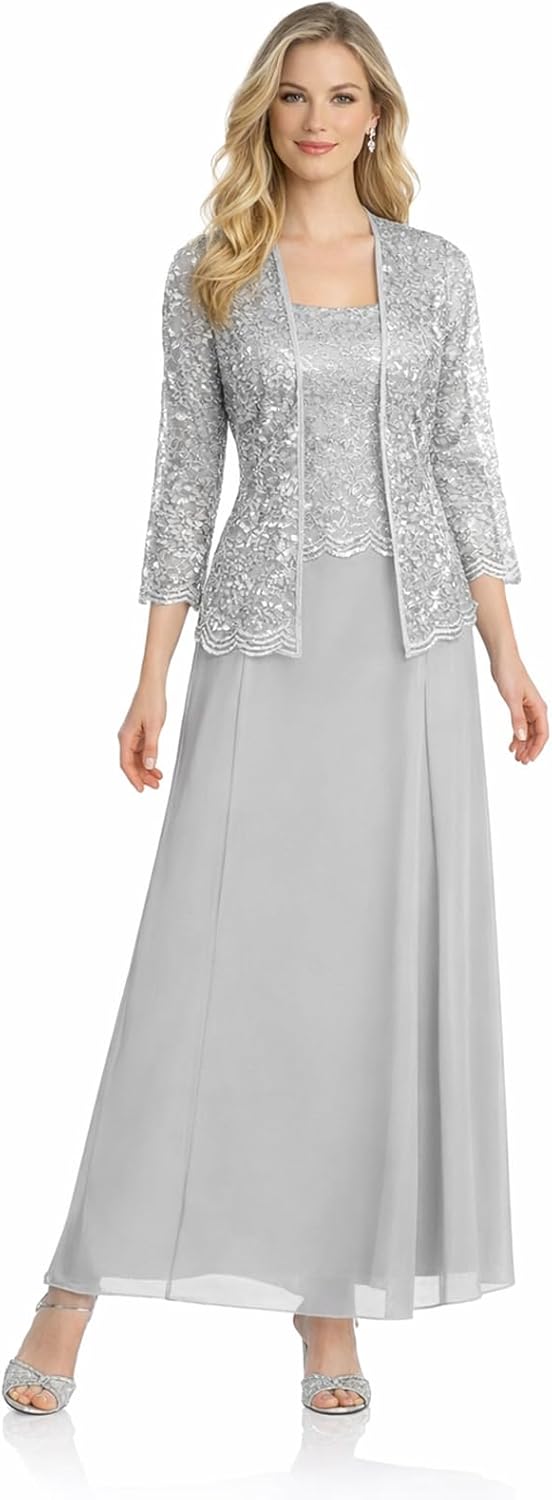 2 Piece Long Mother of The Bride Dress 3/4 Sleeve Long Chiffon Formal Evening Gowns Lace Sequin Detail