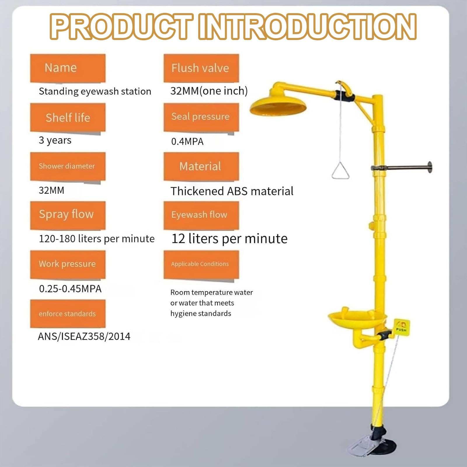 Estación de Ducha y lavaojos de Emergencia con Pedal, estación de Ducha de Seguridad, Kit Combinado de lavaojos y Ducha, con señal de Emergencia, Acero Inoxidable 304 + Revestimiento Amarillo