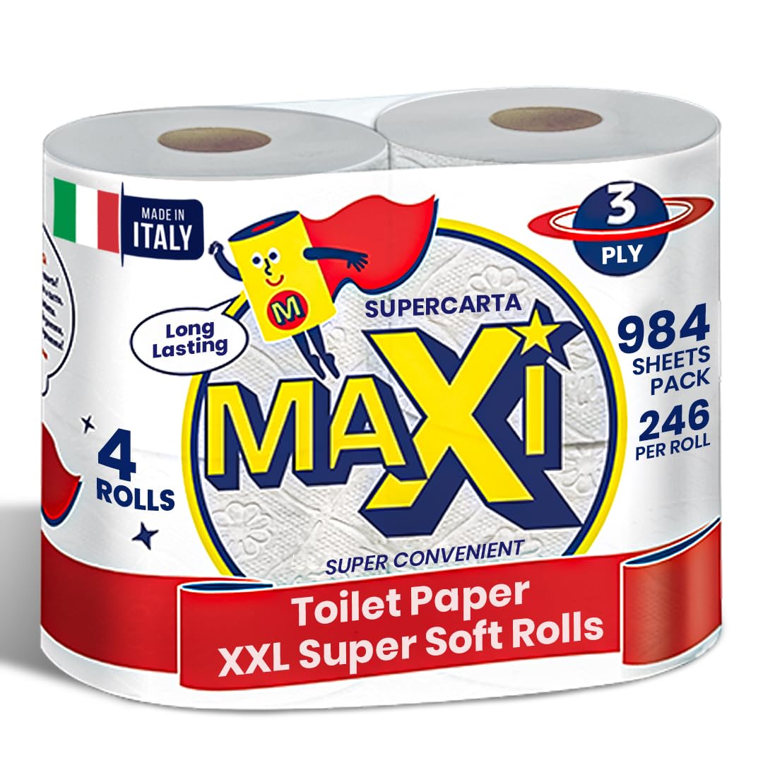 Toilet Roll 3 Ply Giant Rolls 984 Sheets, 246 per Roll Pack of 4 - Premium Softness - High Absorbent - Special Flower and Butterfly Embossing - Smooth Texture - Feels Like Cotton