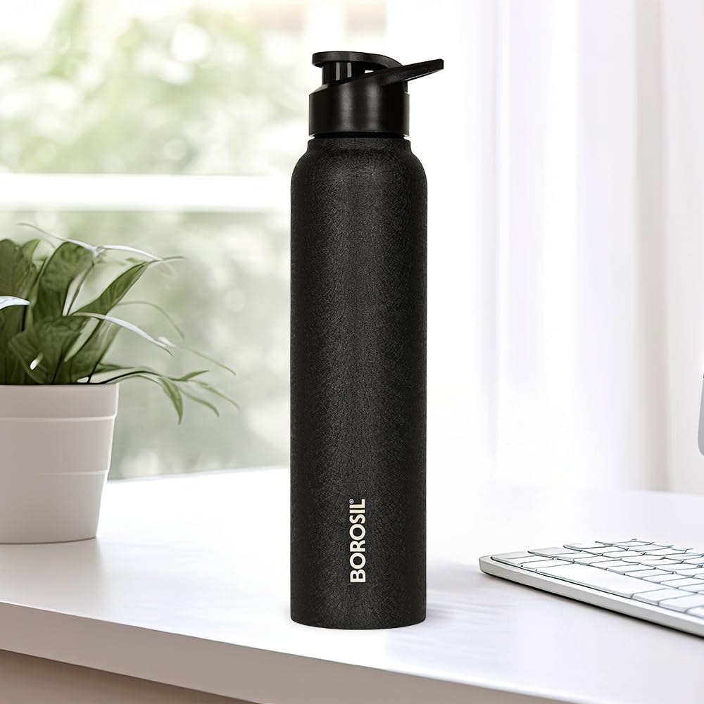 Borosil 1L Cosmo Black Stainless Steel Water Bottle - Image 1
