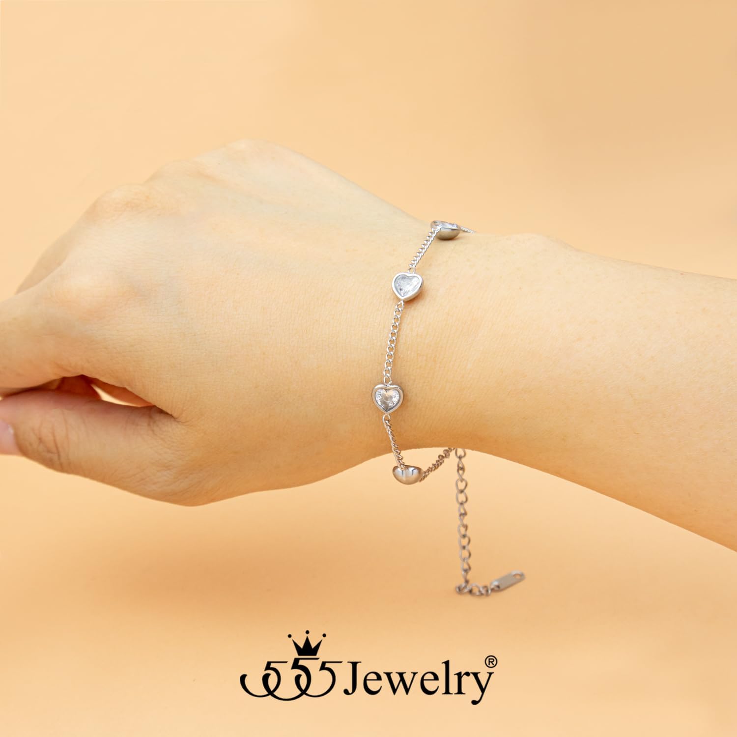555Jewelry Heart Cubic Zirconia Stainless Steel Chain Bracelets for Women Adjustable Cuban Link Chain Bracelet Heart Charm Dainty Friendship Bracelet - Image 2