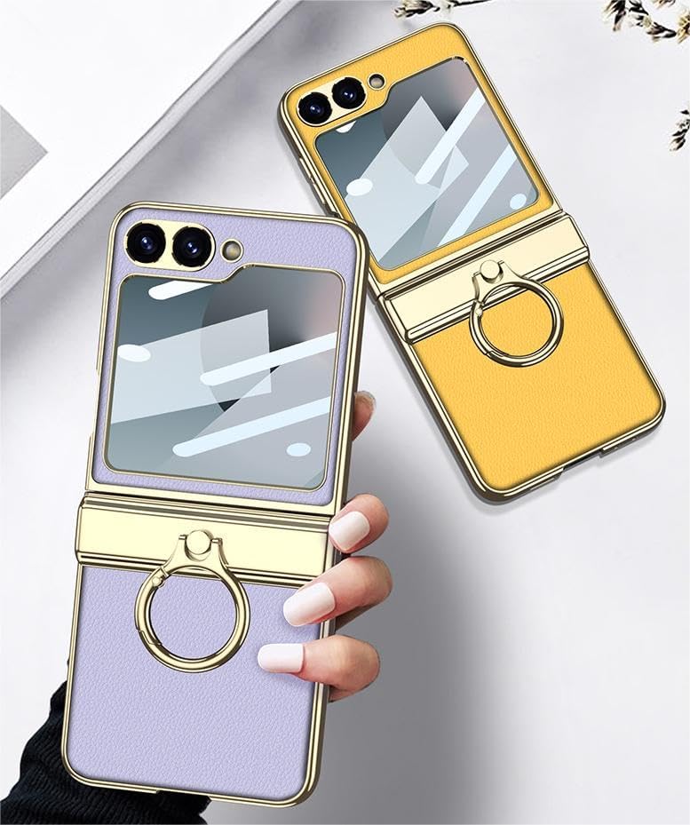 Magnetic Folding Litchi Leather Case for Samsung Galaxy Z Flip 6, All-Inclusive Phone Protective Cover for Flip6, Anti-Drop Shell with A Electroplating Ring (Yellow,for Flip 6)