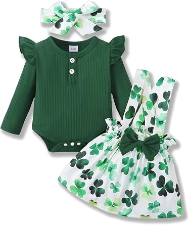 Newborn Baby Girls Long Sleeve Ribbed Bodysuit with Clover Print Sling Dress Set, Green 0-12 Months