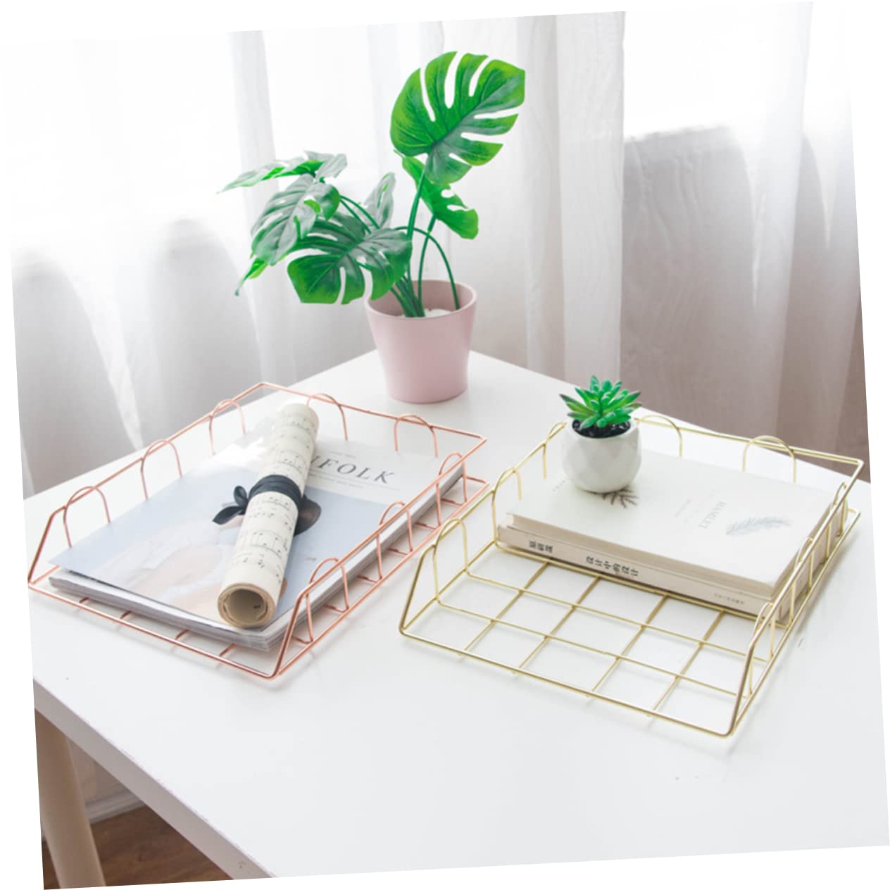 FUNOMOCYA Gold File Holder for Desk Storage Rack Document Storage Basket Metal Paper Container Office Accessories