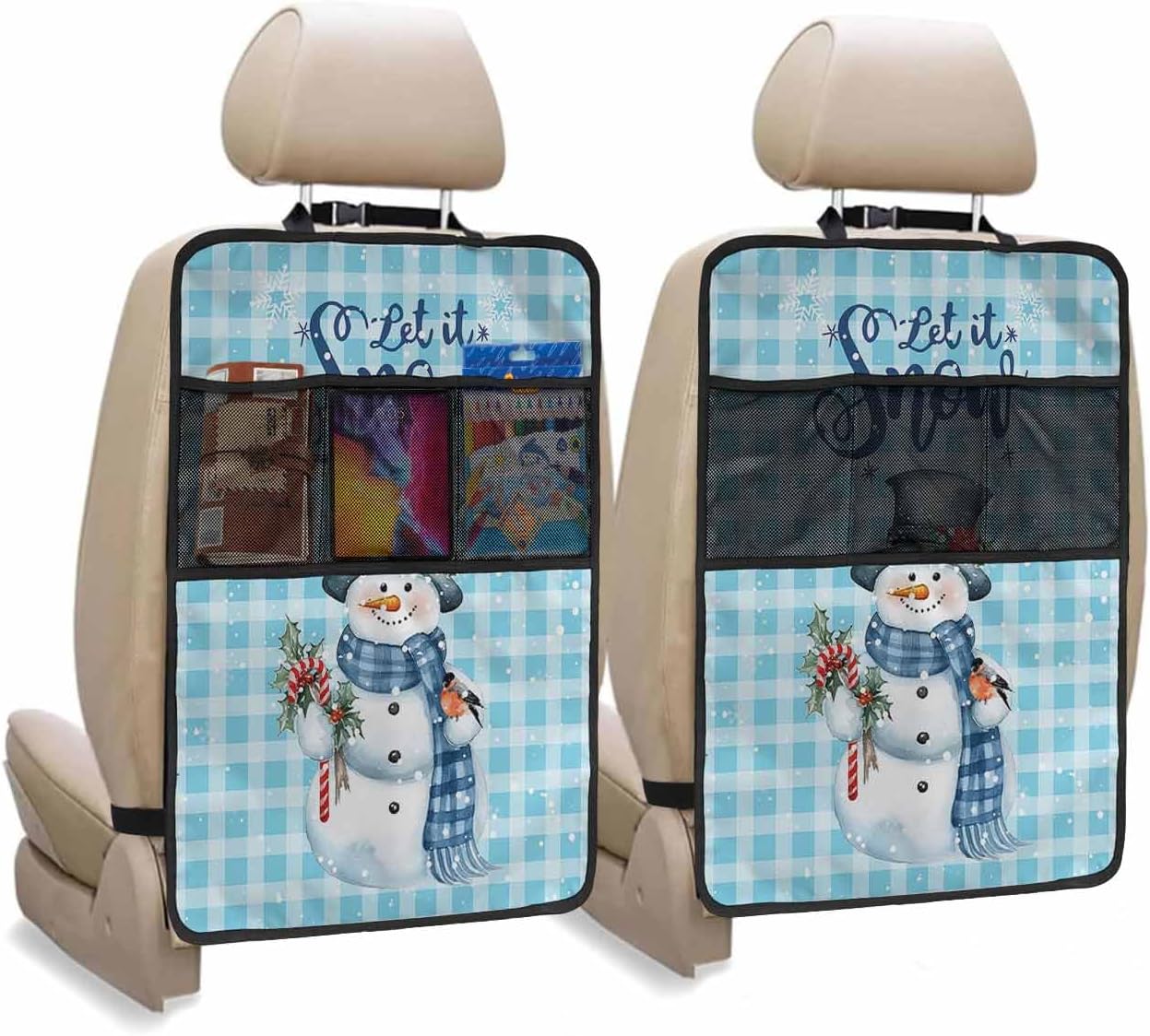 Car Seat Protector, 2 Pack Kick Mats Back Seat Protector Christmas Watercolor Snowman and Snowflakes Blue Plaid Waterproof Backseat Cover for Kids Universal Fit Automotive Interior Protectors