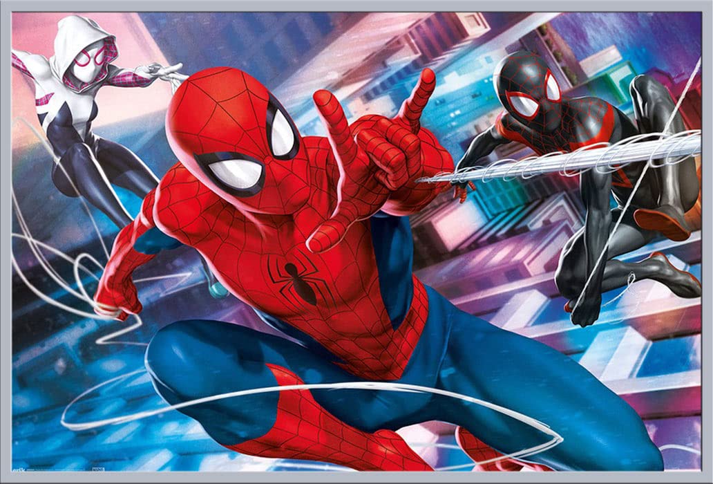 Spider-Man Poster de film Peter, Miles & Gwen - Dimensions : 91,5 x 61 cm + cadre amovible Shinsuke Maxi Plastique Argenté, disque acrylique