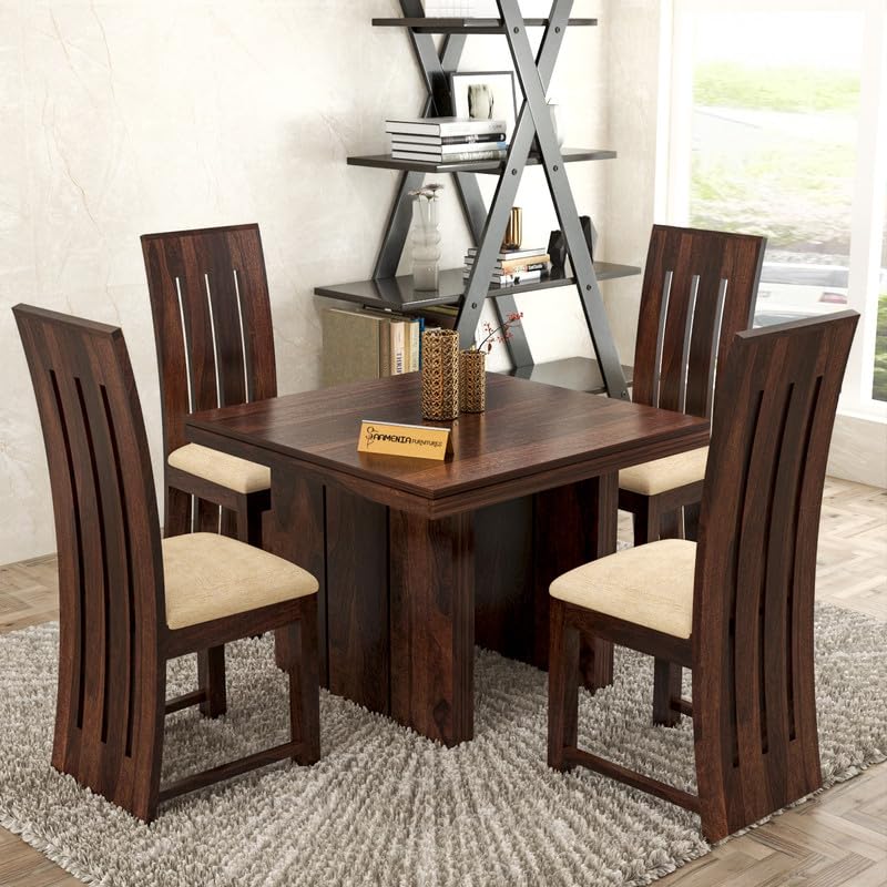 Image of Solid Sheesham Wood Dining Room Sets 4 Seater Dining Table with 4 Cushions Chairs for Dining Room, Living Room, Kitchen, Hotel, Restaurant, Cafeteria (Estra, Walnut Finish)