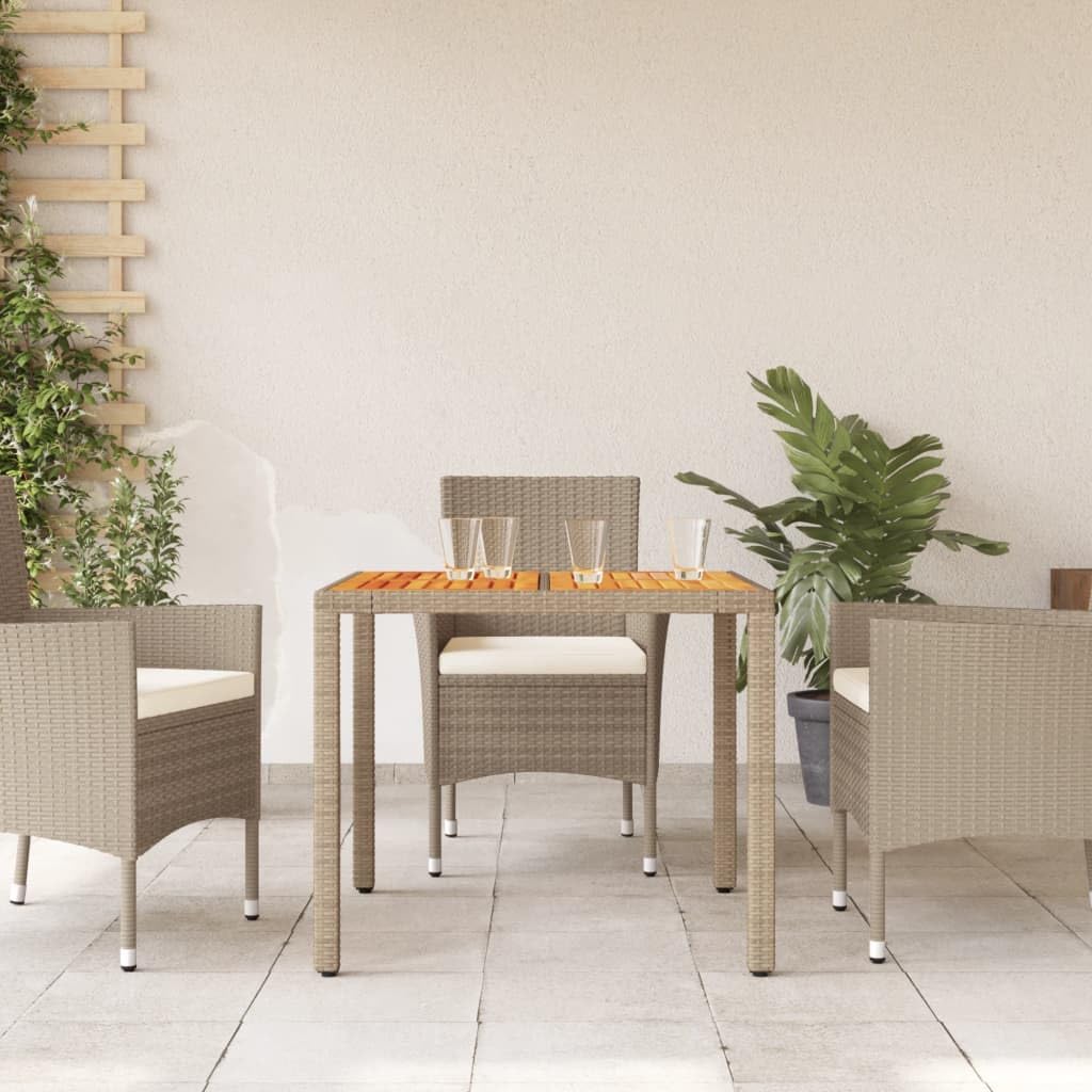 Stół ogrodowy, beżowy, 90 x 90 x 75 cm, polirattan, drewno akacjowe, stół balkonowy, taras, stół outdoorowy, odporny na warunki atmosferyczne, stabilny