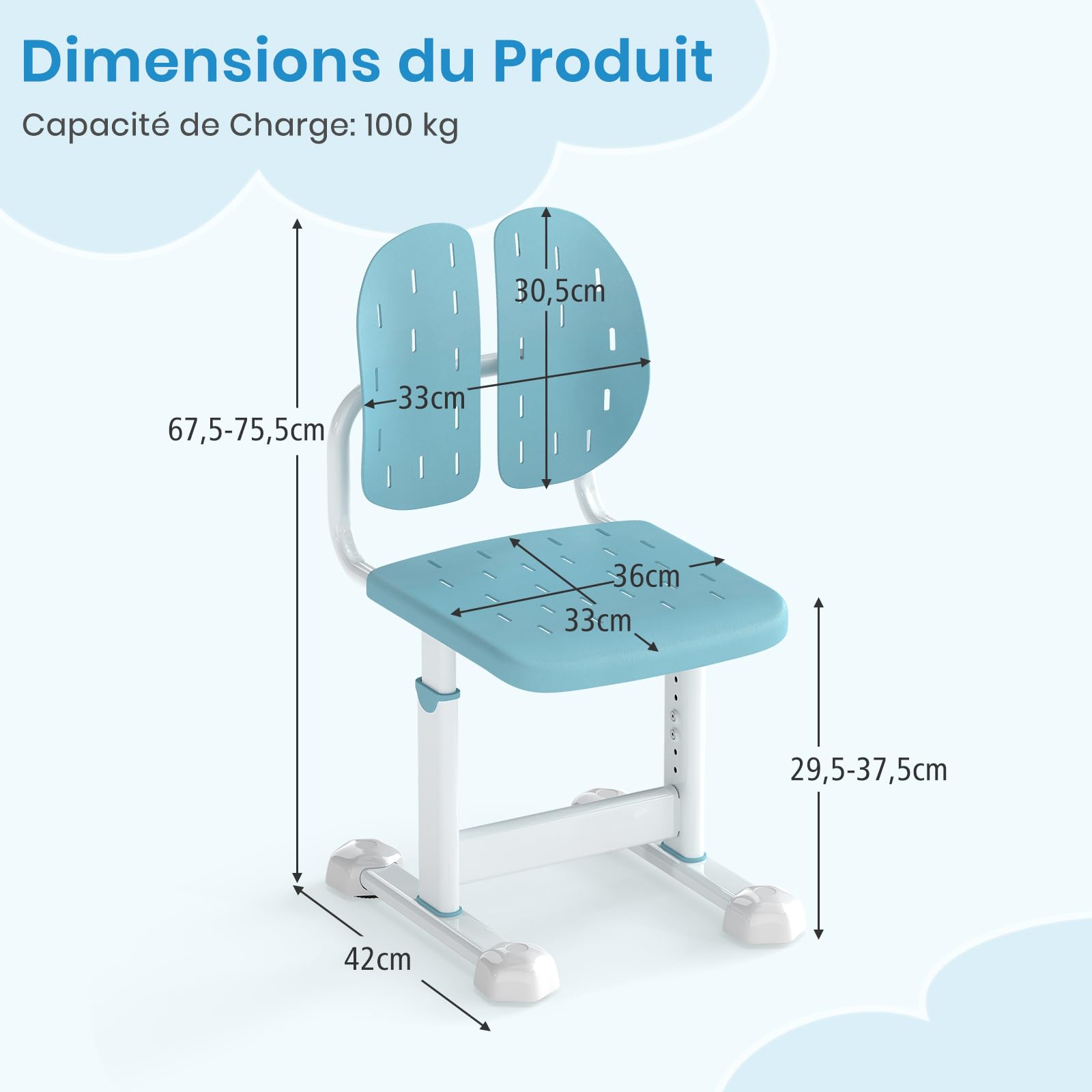 GOPLUS Chaise Bureau Enfant, Chaise d'Étude avec Dossier Double Adaptatif, Hauteur Réglable, Siège Respirant, Patins Réglables, pour Filles et Garçons de 3+ Ans (Bleu)