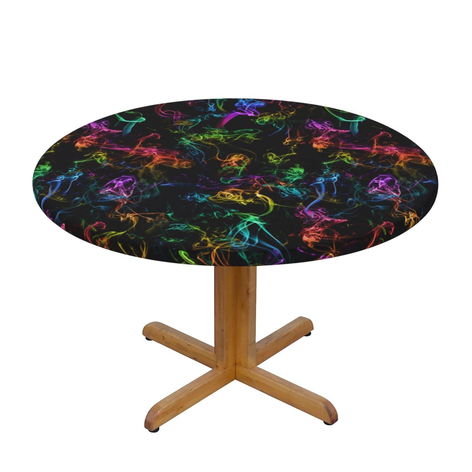 Lsjuee Round Fitted Tablecloth 45-50in Elastic Edged Table Cloth for Kitchen Dining Party Home Decor - Psychedelic ColoredBlack