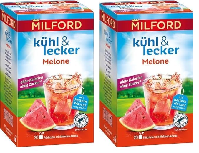 Milford kühl & lecker Melone | Ohne Kalorien | Ohne Zucker | Laktosefrei | Glutenfrei | Vegan | 20 Teebeutel | 50 g (Packung mit 2)
