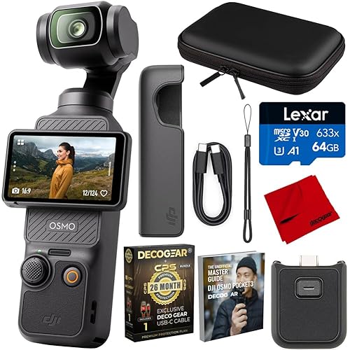 DJI CP.OS.00000301.01 Osmo Pocket 3 4K 120fps Handheld 3-Axis Gimbal Stabilizer Bundle with CPS 26 Month Protection Pack, 64GB Card, 10" Case, HDMI Cable, Cleaning Cloth and Deco Gear Master Guide