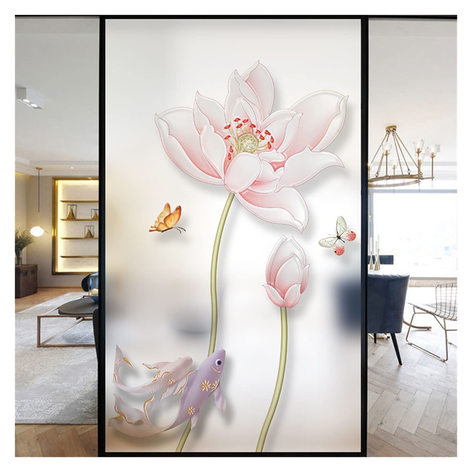 Stained Glass Window Film Windows Film Decorative Beautiful Lotus Flower Stained Glass Window Stickers No Glue Static Cling Frosted Window Cling(Pattern B,90x200cm WxH)