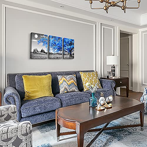 Image of Wall Art For Living Room black and white Blue tree moon Canvas Wall Decor for Home artwork Painting 12 inch x 16 inch 3 Pieces Canvas Print For bedroom Decor Modern Salon kitchen office Hang a picture