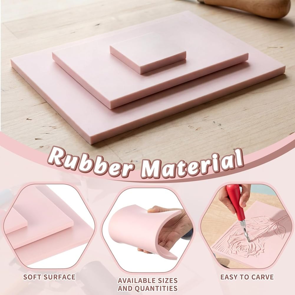 Kit de Linograbado para Impresión 2'' X 2'', 6 Piezas de 4'' X 6'', 2 Bloques de 6'' X 8'', 2 Cuchillos y 2 Rodillos de Bloques de Linóleo para Bricolaje.