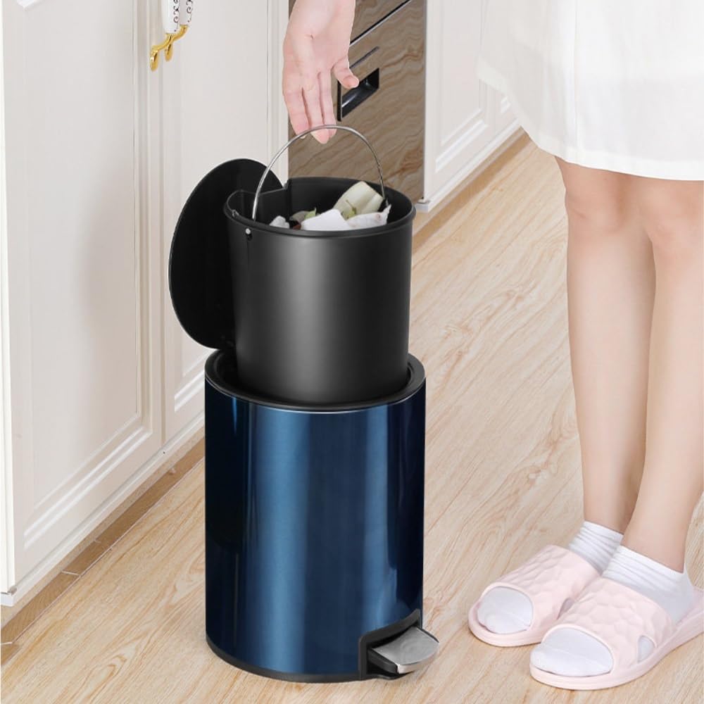 Metalowy kosz na śmieci o pojemności 8 l, z pokrywką, pedałem nożnym i wyjmowanym plastikowym koszem wewnętrznym, do domu, kuchni, pralni, biura, srebrny