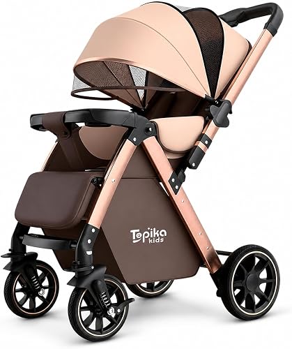 Baby Stroller Pram, Foldable Reclining Pushchair for Newborns, 0-36M | One-key folding travel stroller with 180 degree recline, canopy, mesh window, safety harness and storage basket for trips