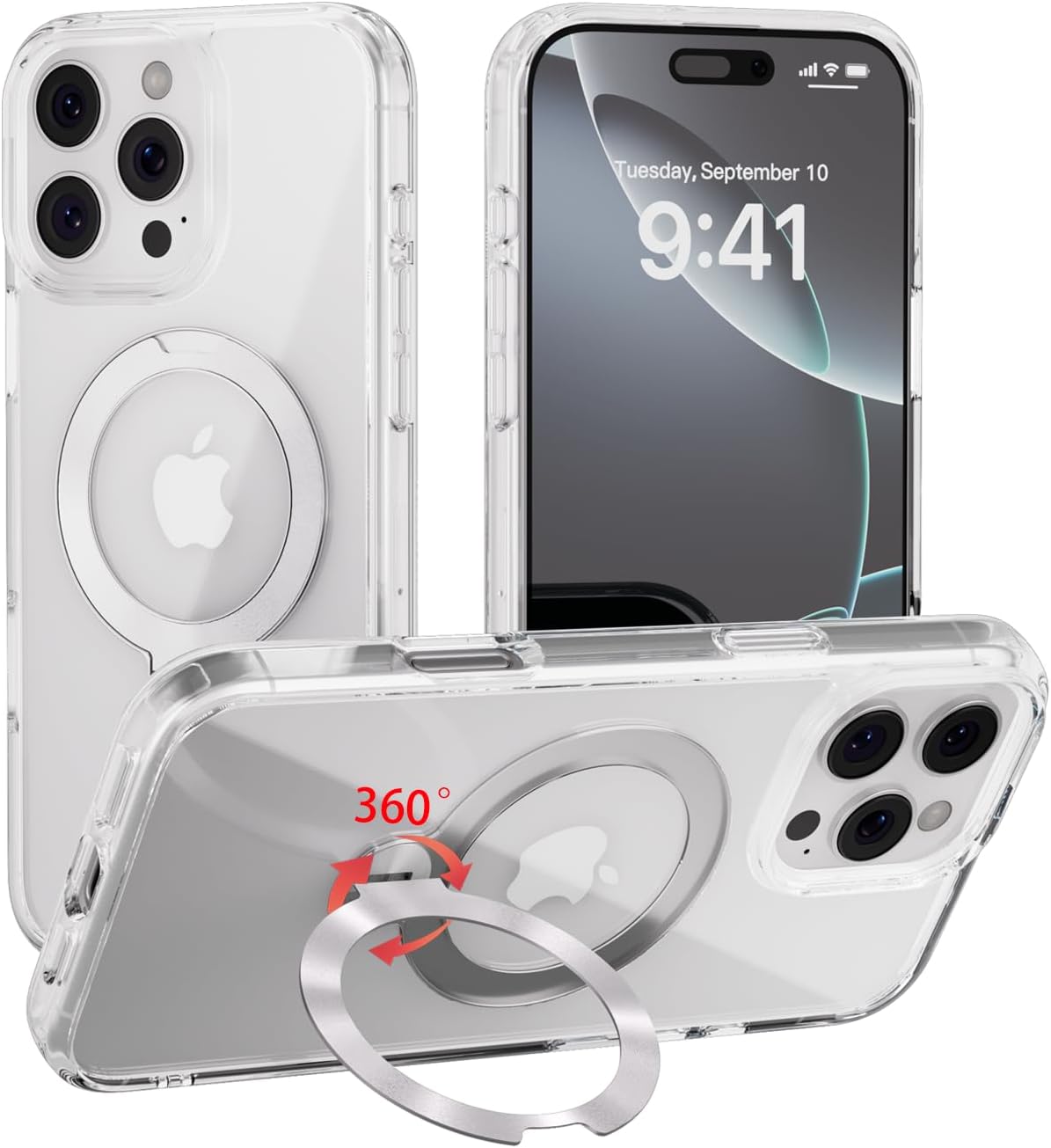 for iPhone 16 Pro Max Case Clear with 360°Spin Magnetic Stand,Compatible for MagSafe,Military Grade Shockproof Protective Cover with CD Texture Kickstand Rotatable, 6.9 "