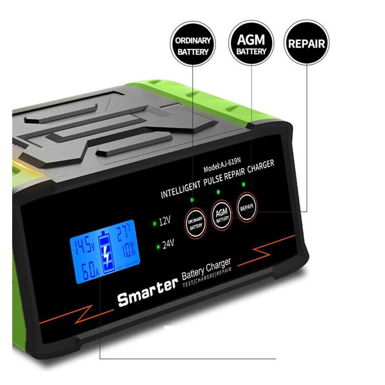 Caricabatteria For Auto 12V 24V Intelligente Ad Alta Potenza Da 400W Trickle Smart Pulse Repair Car Truck Boat Moto Facile Da Usare(Green)