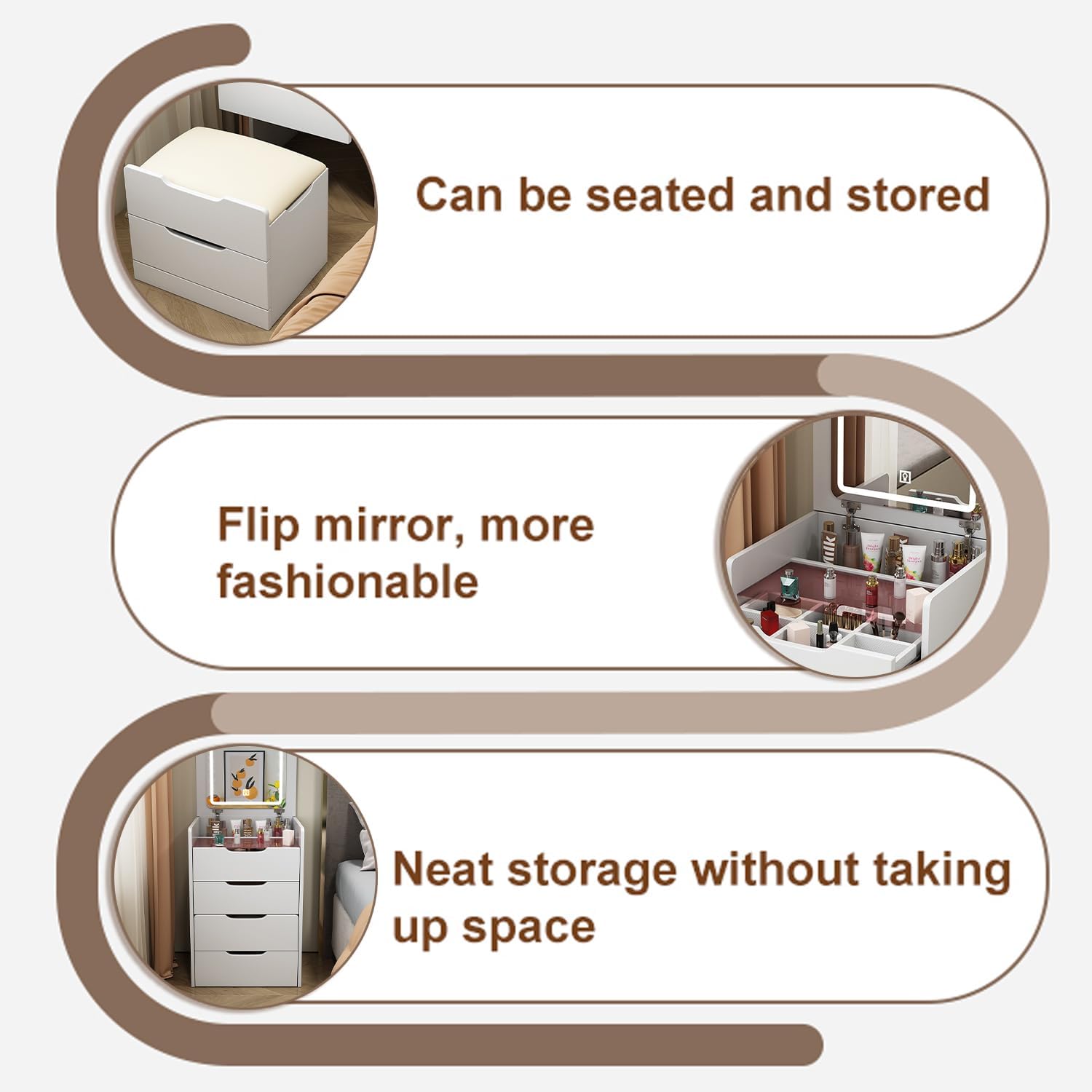 3 in 1 Vanity Desk with Plip Top Mirror,Small Make Up Vanity Set with Visible Glass Desktop,Compact Makeup Vanity with 3 Drawers,Cushioned Tool,Dressing Table for Bedroom