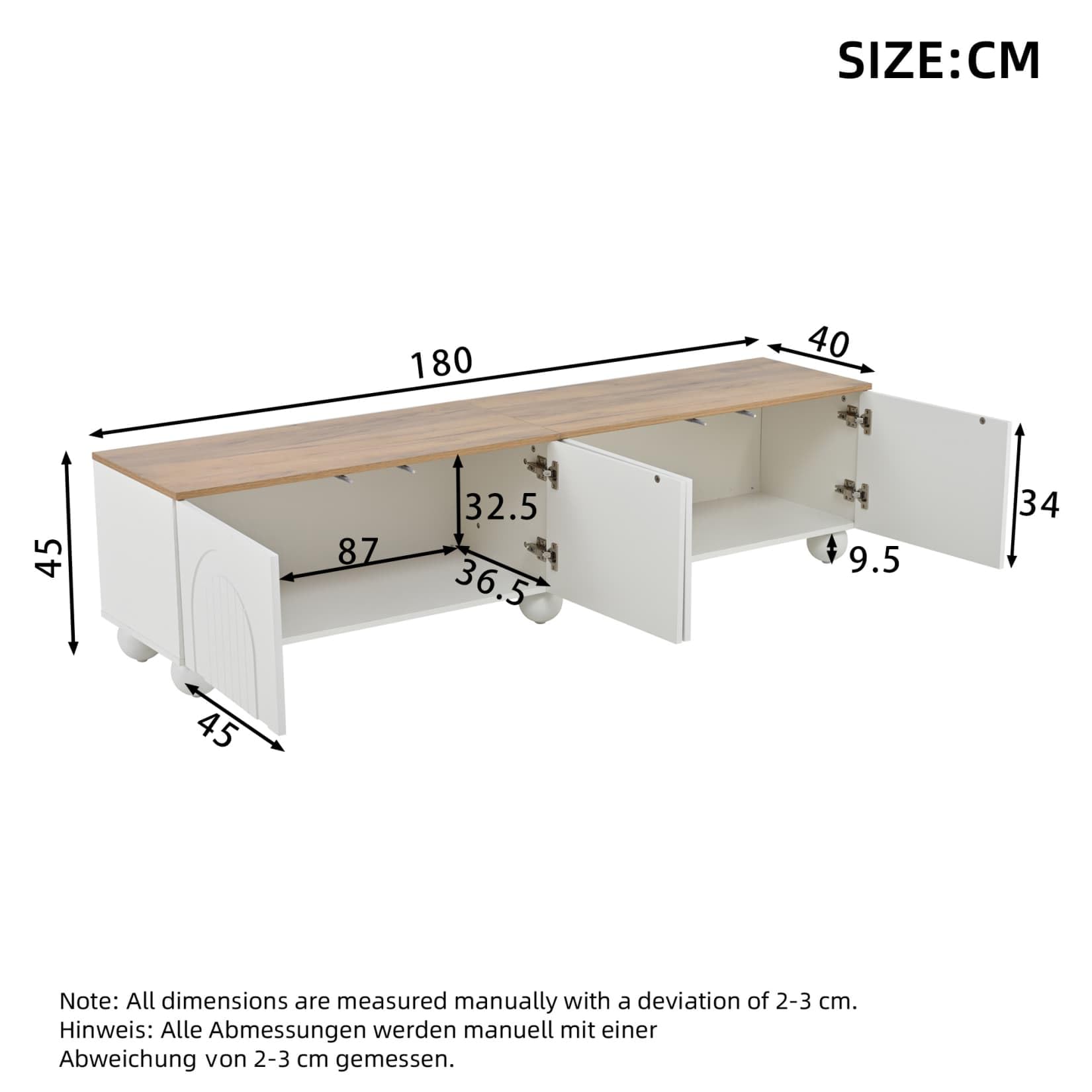 Meuble TV 180x40x45cm,Meuble Tele,Meubles Bas Rangement avec 4 Portes en Relief Tridimensionnel,6 Pieds Métalliques Sphériques,pour Téléviseurs de 80 Pouces