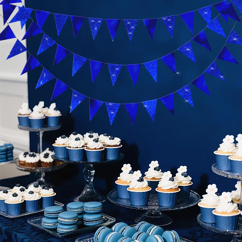 Image of Blue Hanging Triangle Flag Pennant Garland Blue Hanging Paper Pennant Streamer Paper Triangle Flag Bunting Banner for Graduation Wedding Engagement Birthday Party Decorations 30 Feet