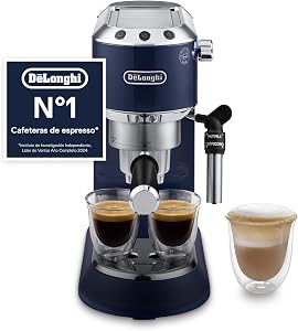 De’Longhi Dedica Style – Perfetto Cafetera Espresso Manual Compacta, Espumador de Leche Manual para Espresso y Cappuccino, Compatible con Monodosis ESE, Panel con Botones, Ancho 15 cm, Azul (EC685.BL)