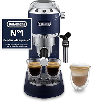 De’Longhi Dedica Style – Perfetto Cafetera Espresso Manual Compacta, Espumador de Leche Manual para Espresso y Cappuccino, Compatible con Monodosis ESE, Panel con Botones, Ancho 15 cm, Azul (EC685.BL)