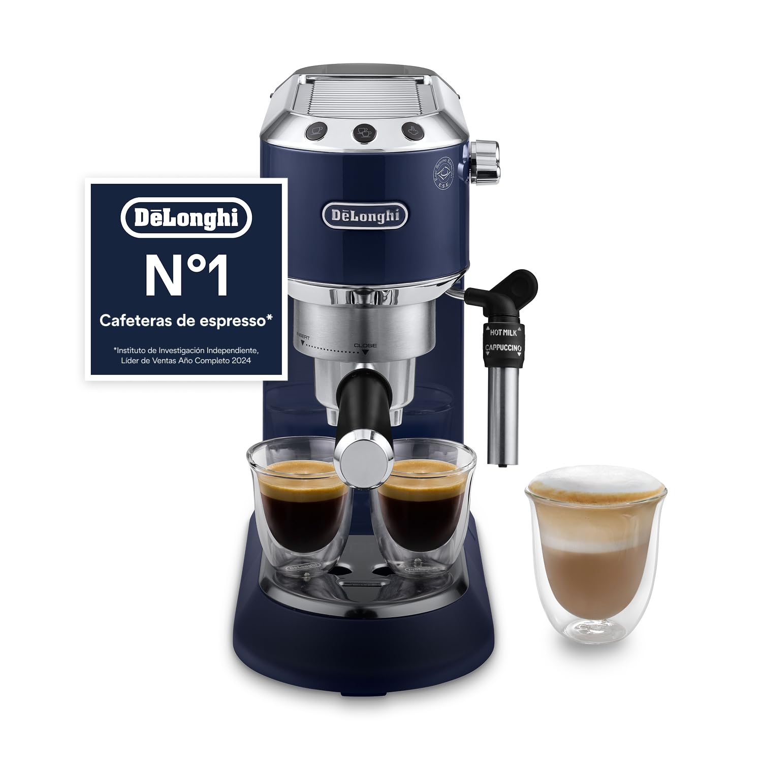De’Longhi Dedica Style – Perfetto Cafetera Espresso Manual Compacta, Espumador de Leche Manual para Espresso y Cappuccino, Compatible con Monodosis ESE, Panel con Botones, Ancho 15 cm, Azul (EC685.BL)