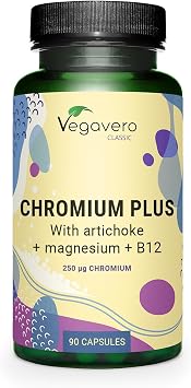 Vegavero Chromium Picolinate 2100  g | 250  g Elemental Chrom Plus Magnesium, VIT B12 and Artichoke Extract | Blood Sugar Supplement* | NO Additives, Lab-Tested | 90 Capsules | Vegan