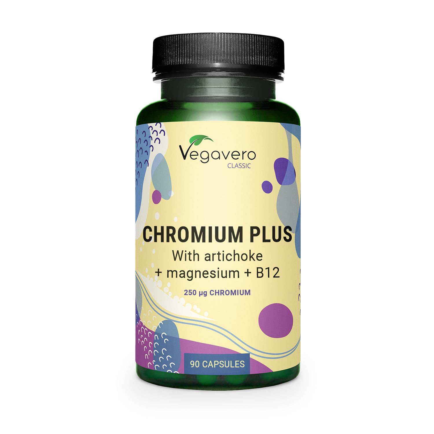 Vegavero Chromium Picolinate 2100 µg | 250 µg Elemental Chrom Plus Magnesium, VIT B12 and Artichoke Extract | Blood Sugar Supplement* | NO Additives, Lab-Tested | 90 Capsules | Vegan