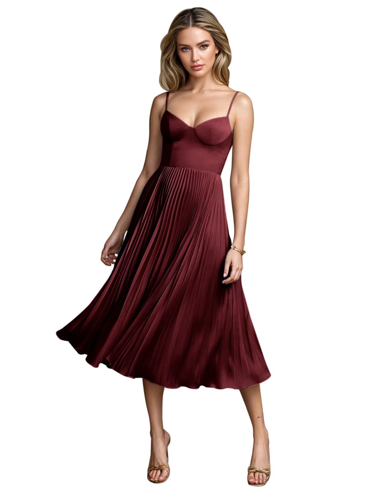 JAKIPPY Pleated Satin Bridesmaid Dresses for Women Spaghetti Strap Tea Length Formal Evening Dress
