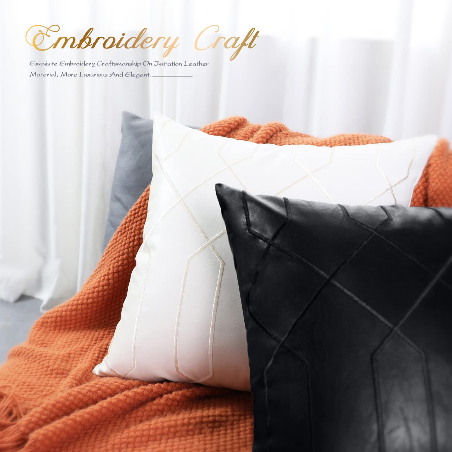 Pack De 2 Cojines De Cuero Negro Geométrico – Fundas De Almohada Decorativas 12x20 Pulgadas